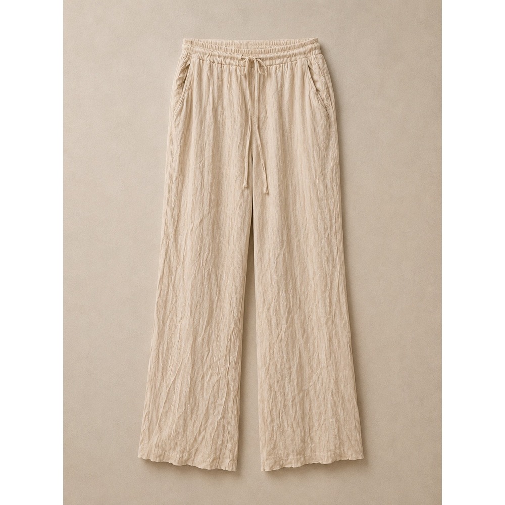 Abercrombie & Fitch Women Pants L Beige Wide Leg Crinkle Drawstring Waist